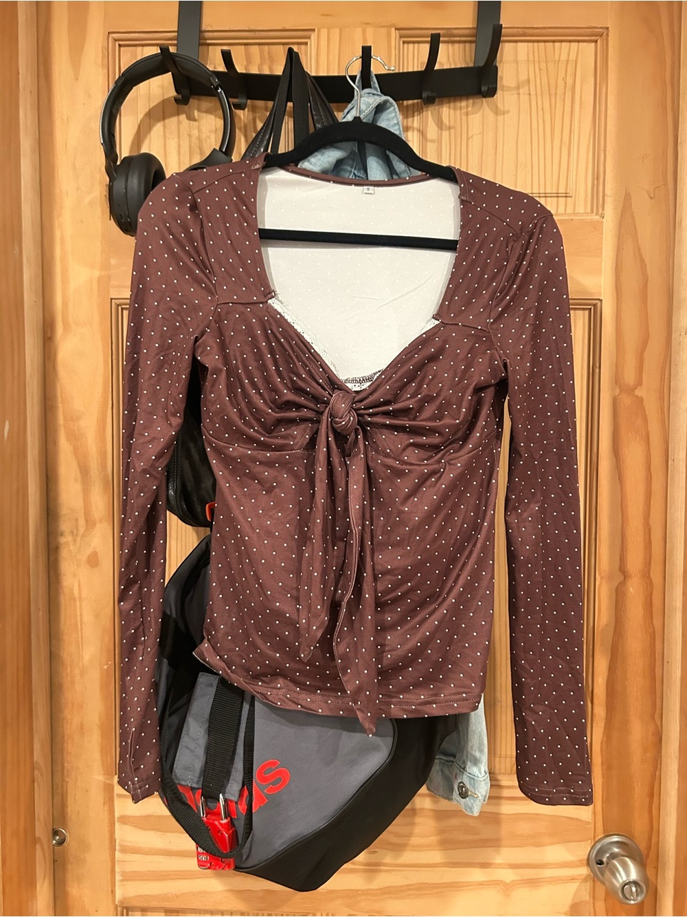 SHEIN Brown Polka Dot Long-Sleeve Front-Tie Top